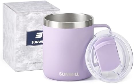 SUNWILL Travel Coffee Mug with Lid, Insulated Tumbler with Handle, 14 oz Stainless Steel Cup for Home, Office, Camping, Powder Coated Orchid