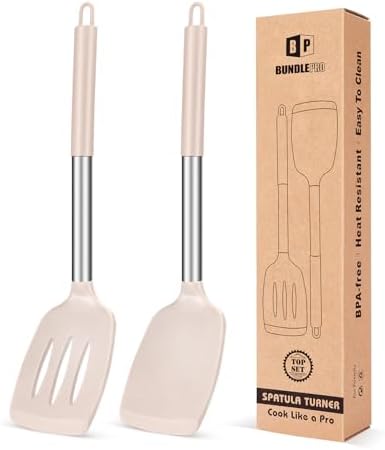 Pack of 2 Silicone Solid Turner, Non Stick Slotted Kitchen Spatulas, High Heat Resistant BPA Free Cooking Utensils, Ideal Cookware for Fish, Eggs, Pancakes(Stainless Steel Khaki)