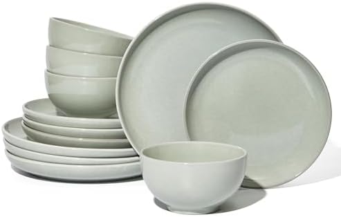Pokini Stoneware Dinnerware Sets for 4, 12pcs Plates and Bowls Sets Dishes