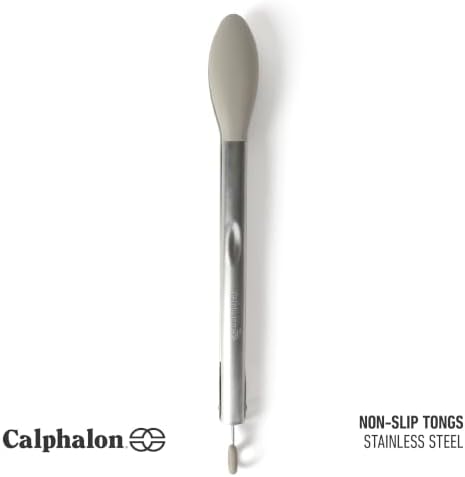 Calphalon Edge Kitchen Tongs, Stainless Steel Locking Tongs with Heat-Resistant Silicone Heads, Nonstick-Safe Cooking Tongs for Grilling, Serving & Food Prep, Taupe
