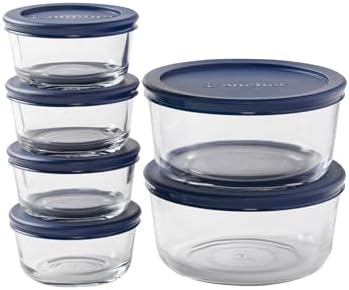Anchor Hocking 12 Piece Glass Storage Containers with Lids (6 Glass Food Storage Containers & 6 Navy Blue SnugFit Lids)