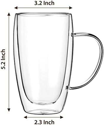 2-Pack 15 Oz Double Walled Glass Coffee Mugs with Handle,Large Insulated Layer Coffee Cups,Clear Borosilicate Mugs,Perfect for Cappuccino,Tea,Latte,Espresso,Hot Beverage,Wine,Microwave Safe