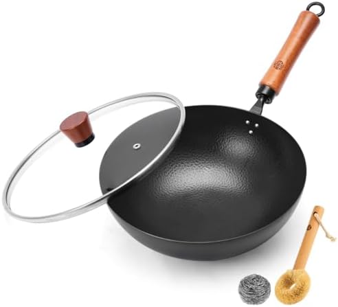 WANGYUANJI 11 Inch Round Bottom Iron Wok, Hand-Hammered Uncoated Wok with Wooden Handle, Traditional Stir-Fry Pan for Gas Stove or Wok Ring, Not for Flat Cooktops