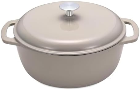 Amazon Basics Cast Iron Dutch Oven Pot with Lid, Enameled, Dual Handles, Round, Heavy-Duty, Medium, 6-Quart, Linen Gray