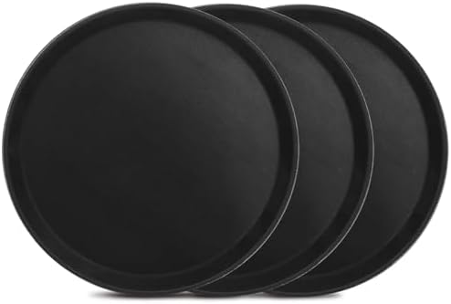 Mwellewm 3 Pcs Round Serving Tray, 11 Inch Non Slip Surface Round Tray Black Server Tray Plastic Food Meals Server with Raised Edges for Home, Kitchen, Restaurant, Cafeteria, Bar, Hotel