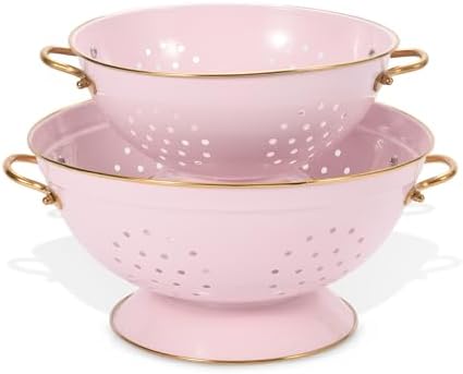 Metal Colander Set of 2, Strainer Basket with Handles 3.5 & 5 Qt Powder Coated Self-draining Solid Ring Base Metal Large Kitchen Colander Bowel for Pasta Vegetable Fruit (PINK)