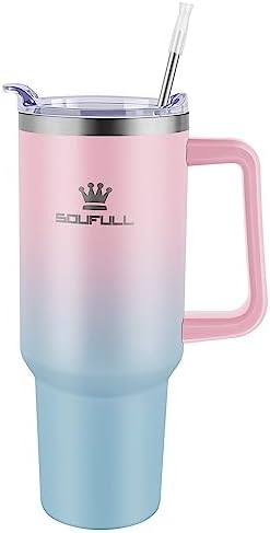 Soufull 40 oz Tumbler with Handle and Straw Lid, 100% Leak-proof, PinkBlue