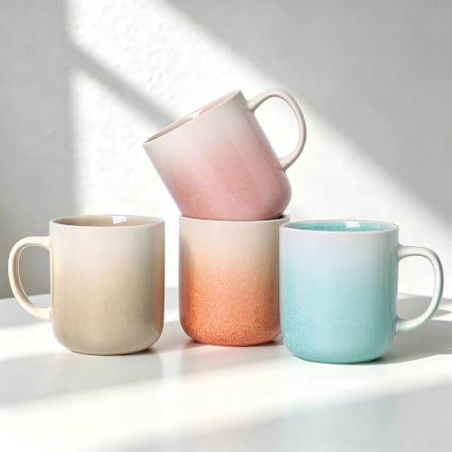 Stoneware Coffee Mugs Set of 4, 14oz Hand-Painted Coffee Cups with Handle