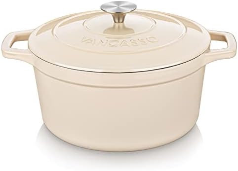 vancasso 6 Qt Round Enameled Cast Iron Dutch Oven with Lid & Handles, Cream