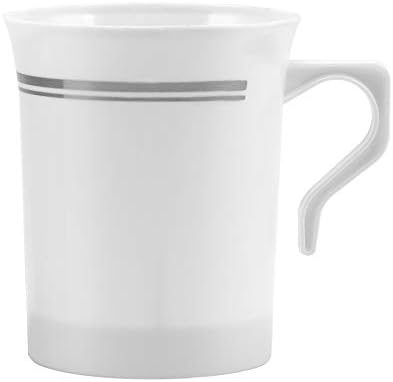 BloominGoods 50 Heavyweight Disposable White Plastic 8 oz. Coffee Mugs with Silver Trim | Tea, Cappuccino, Espresso Cups with Handles (50-Pack)