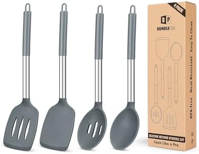 Pack of 4 Silicone Cooking Utensils Set, Non Stick Large Solid Spatulas, Heat Resistant Gray Slotted Spoons, Ideal BPA Free Kitchen Turners for Frying, Mixing,Serving,Draining,Turning,Stirring