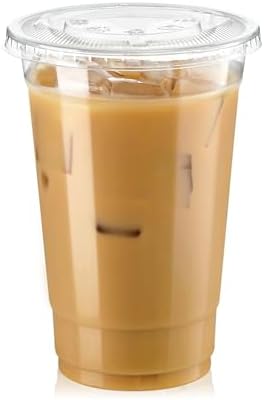 Fit Meal Prep 100 Pack 20 oz Clear Plastic Cups with Flat Lids, Disposable Iced Coffee Cups, BPA Free Premium Crystal Smoothie Cup for Party, Lemonade Stand, Cold Drinks, Juice, Milkshake