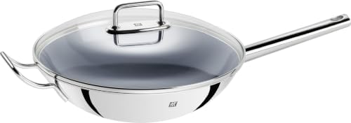 Zwilling Wok, Glass Lid and Removable Grid Insert, Incl. Long Handle, Suitable for Induction, Stainless Steel, Plus,Silver, Ø 32 cm