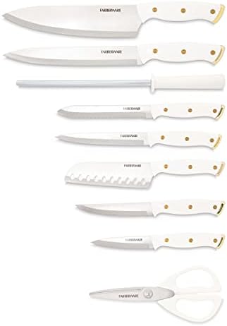 FARBERWARE 15-Piece Knife Block Set, Triple-Riveted High-Carbon Stainless Steel Kitchen Knives, Razor Sharp Blades, Wood Storage Block, White/gold, 15-Piece (Pack of 2)