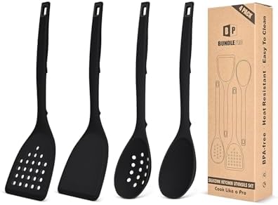 BUNDLEPRO Silicone Cooking Utensils Set, 4 Pcs Spatula and Spoon Set, Black