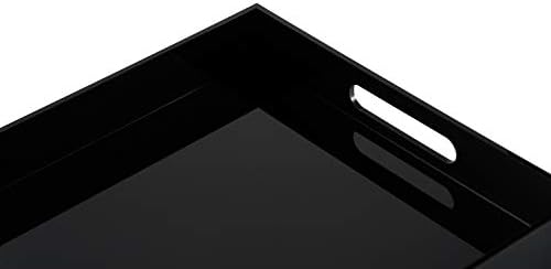 KEVLANG Glossy Black Sturdy Acrylic Serving Tray with Handles-10x10Inch-Serving Coffee,Food,Breakfast,Butler-Kitchen Countertop Tray-Makeup Drawer Organizer-Vanity Table,Ottoman Tray-Decorative Tray