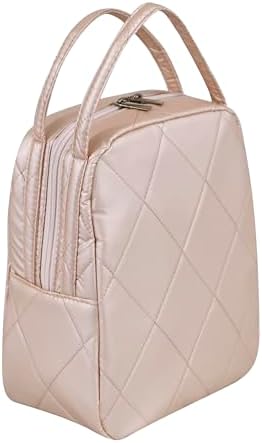 Machine Washable Women Quilted Fabric Insulated Reusable Cooler Lunch Bag Tote Adult Thermal Lunch Box Storage Bag for Ｗork (Champagne)