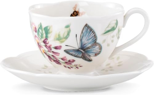 Lenox Butterfly Meadow Blue Porcelain Tea Cup and Saucer Set, 8 Ounces (Pack of 12)