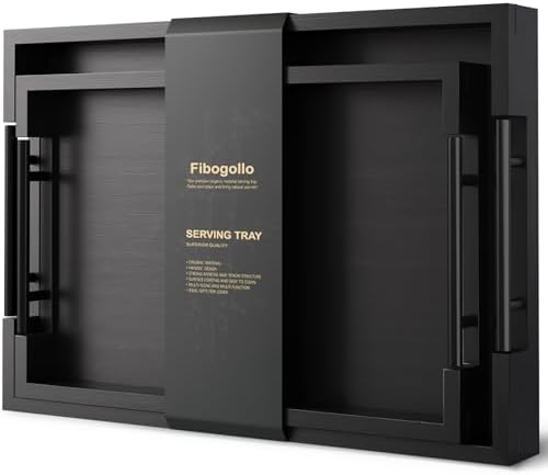Fibogollo Set of 2 Bamboo Serving Trays with Metal Handles(Black)