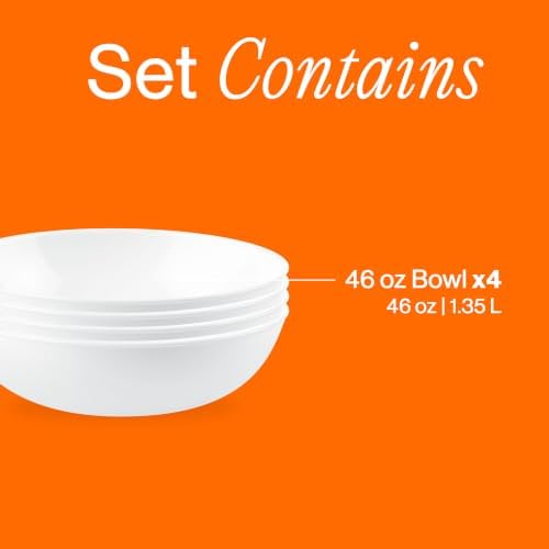 Corelle 4-Pc Meal Bowls Set Service for 4, Durable and Eco-Friendly 9-1/4-Inch Glass Bowls, Compact Stack Bowl Set, Microwave and Dishwasher Safe, White, 46 Ounces