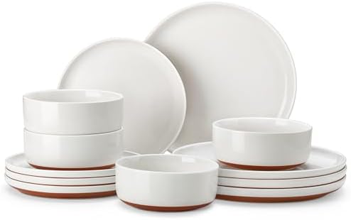 MALACASA Plates and Bowls Sets, 12 Pieces Modern Stoneware Dinnerware Set for 4 Kitchen Dinner Set Ceramic Dishware Dishes Set Microwave and Dishwasher Safe, White, Series TARA