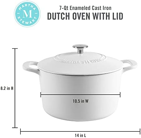 MARTHA STEWART Gatwick 7-Quart Enamel Cast Iron Dutch Oven Pot with Lid – Matte White – Durable Heavy-Duty Dutch Oven for Slow Cooking, Braising & Baking