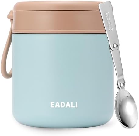 Eadali 15.2oz Kids Food Jar for Hot Food – Vacuum Insulated Lunch Container with 316 Stainless Steel Interior, Leakproof Wide Mouth & Foldable Spoon for School Meals