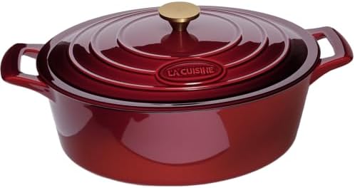 La Cuisine Enameled Cast Iron Oval Dutch Oven Casserole Dish Pot with Lid 5 QT Internal Matt Black Enamel Coating, Cranberry, Gold-Plated Stainless Steel Lid Handle, Oven Safe