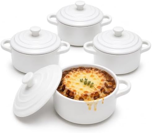 Mini Dutch Oven Set of 4, 14 oz Ceramic Mini Dutch Ovens with Lids and Handles, Ramekins with Lids for French Onion Soup, Pot Pies, Soufflés and Baked Desserts, Oven Microwave Dishwasher Safe, Mini Cocotte, White
