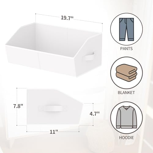 Homsorout Storage Bins for Shelves - Large Trapezoid Closet Shelf Organizer, Fabric Organization Bins with Handles, Storage Baskets for Clothes, Towel, Purse, 4 Pack, White