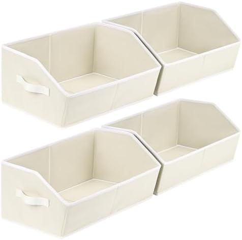 Homsorout Cube Storage Organizer - Large Bins with Handle, Trapezoid Organizing Baskets for Shelves, Decorative Storage Baskets for Clothes, Blankets, Books, 4 Pack, Beige
