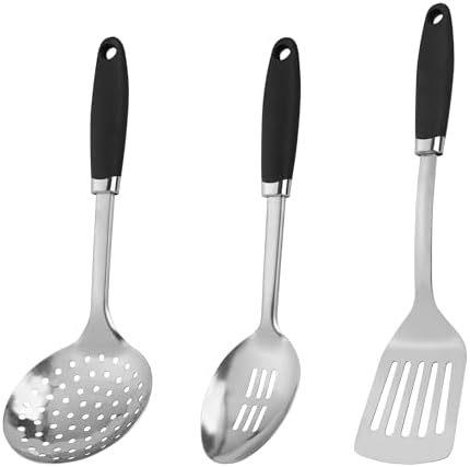 3-Piece Stainless Steel Utensil Set, Turner, Spoon, Skimmer, Silver