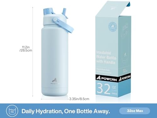 POWCAN 32 oz Insulated Water Bottle with 2-in-1 Straw and Spout Lid, Keep Cold 24H, Leak-Proof, BPA-Free, Double Wall Stainless Steel Water Bottle for Sports, Gym, Travel, and School (Sea Breeze)