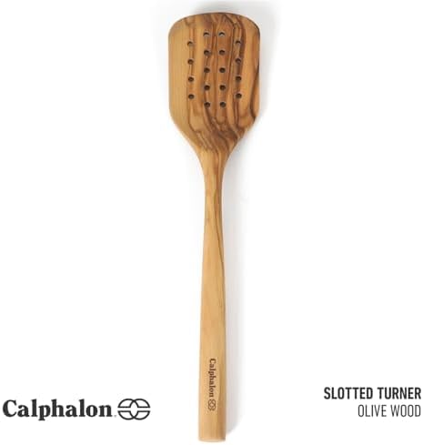 Calphalon Edge Wood Slotted Turner, 13-Inch Olive Wood Slotted Spatula, Wooden Cooking Turner for Draining, Flipping & Nonstick Cookware, Durable Kitchen Tool