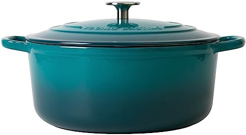 EDGING CASTING Enameled Cast Iron Dutch Oven Pot with Lid for Bread Baking, Cooking, Round Bread Oven Dual Handles, 7 Quart, Darkcyan