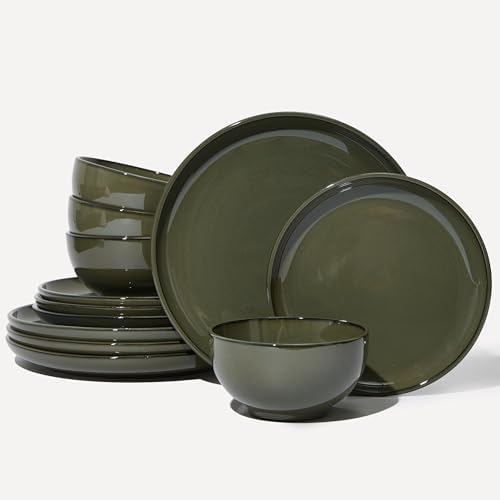 Pokini Stoneware Dinnerware Sets for 4, 12pcs Plates and Bowls Sets Dishes