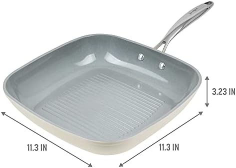 Goodful Ceramic Nonstick 11 Inch Grill Pan, Dishwasher Safe Pots and Pans, Comfort Grip Stainless Steel Handle, Made without PFOA, Griddle, Cream