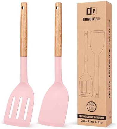 BUNDLEPRO Silicone Spatula, Solid & Slotted Turner, BPA-Free, 2 Pack, Pink
