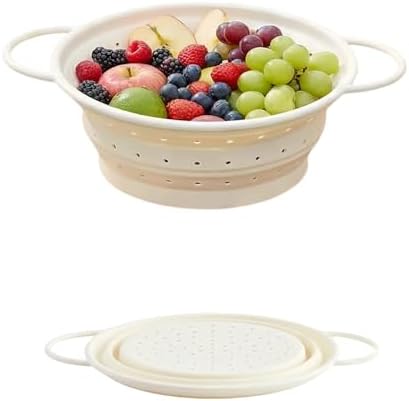 Collapsible Silicone Colander with Handles, Round Strainer with Stainless Steel Rim, Space Saving Kitchen Tool for Fruits & Vegetables,BPA-Free,Heat-Resistant Pasta Drainer(White, L)