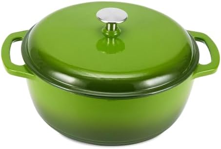 Amazon Basics Enameled Cast Iron Dutch Oven Pot with Lid, Round, Dual Handles, Heavy-Duty, Oven Safe for Stews, Roasting, Baking, 7.3-Quart, Green