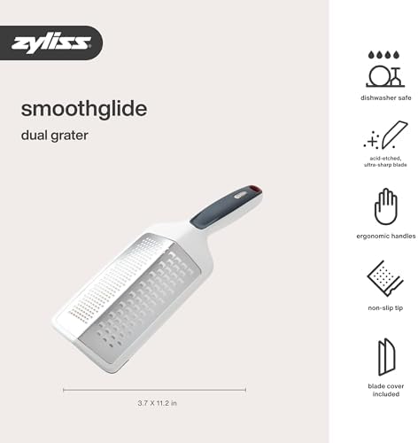 Zyliss SmoothGlide Dual Grater – Handheld with Stainless Steel Blades & Ergonomic Handle – Dual-Sided Medium & Coarse Grater for Cheese, Vegetables, Chocolate & More with Protective Cover