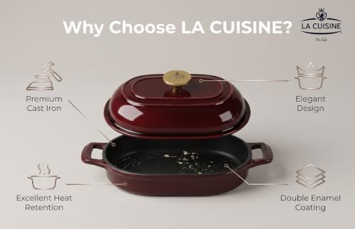 La Cuisine Enameled Cast Iron Bread Loaf Dutch Oven Oblong for Sourdough Crusty Bread & High‑Heat Baking. Oven-Safe 550°F/287°C Matte Black Enamel Interior, 5.5 QT, Cranberry