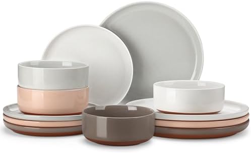MALACASA Plates and Bowls Sets, 12 Pieces Modern Stoneware Dinnerware Set for 4 Kitchen Dinner Set Ceramic Dishware Dishes Set Microwave and Dishwasher Safe, Multicolor, Series TARA