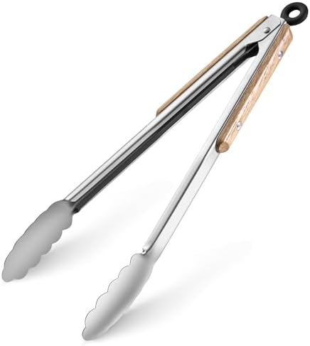 12-Inch Stainless Steel Kitchen Tongs with Oak Wood Handle,Heavy Duty