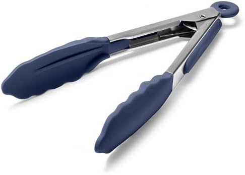 Doosu Kitchen Tongs with Silicone Tips for Cooking Serving (7in, Navy Blue)