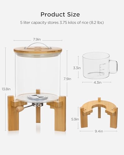 HBlife 8-10 Lbs Glass Rice Dispenser with Wooden Stand Flour and Cereal Container with Glass Measuring Cup Pantry Food Organization Storage Bin with Airtight Bamboo Lid, 5L (2 Pack)