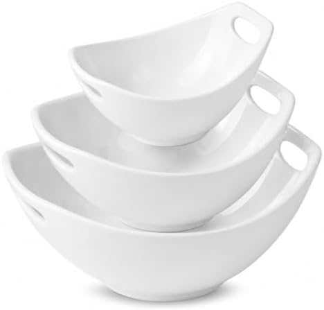 Ceramic Serving Bowls with Handles, Large Salad Bowl Set for Entertaining, Mixing, Serving Dishes for Parties, Kitchen, Housewarming & Everyday Use, Set of 3, 15/28/49 oz