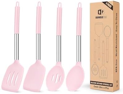 Pack of 4 Silicone Cooking Utensils Set, Non Stick Large Solid Spatulas, Heat Resistant Pink Slotted Spoons, Ideal BPA Free Kitchen Turners for Frying, Mixing,Serving,Draining,Turning,Stirring
