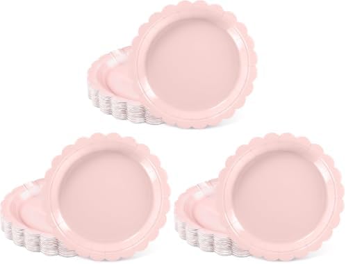 NatNarr 30 Pcs Pink Paper Plates, 7 Inch Scalloped Pink Dessert Cake Plates Cute Small Birthday Appetizer Party Plate for Girls Birthday, Wedding, Bridal Baby Shower (Pack of 3)