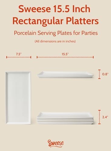 Sweese White Serving Platters, Porcelain Serving Trays for Parties, Large Rectangular Plates - 15.5 Inch, Set of 4 (Pack of 2)